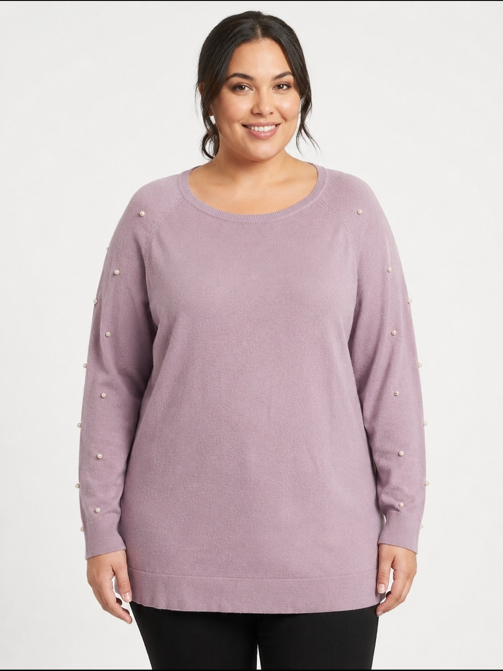 Lily Morgan Plus Size 3X Mauve Knit Sweater Pearl Embellished Sleeves